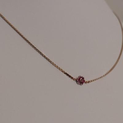 10 Karat Yellow Gold Necklace with Pink Stone Flower- Approx 15 1/2" Long and Total Weight 2.0 Grams (#7)