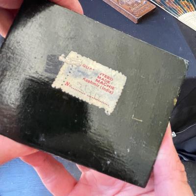 Sale Photo Thumbnail #1275: Fans, a plaque, & a Russian box.  All in good shape!
