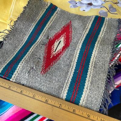 Sale Photo Thumbnail #1347: Native Rug, small.  Mexico rug, medium.  50s cotton table cloth.  It is square, and would fit a standard square table, not a card table.  No damage or stains.