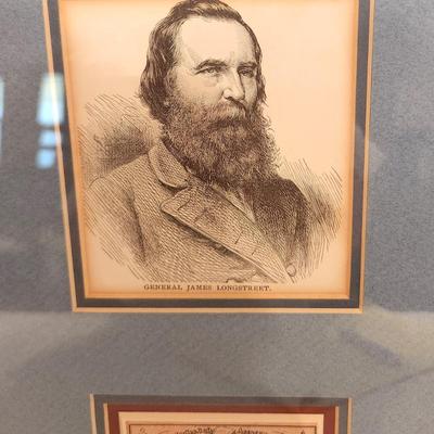 Lot #61 Confederate General Longstreet Print & authentic Confederate Bond Coupon Framed Piece