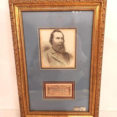 Lot #61 Confederate General Longstreet Print & authentic Confederate Bond Coupon Framed Piece