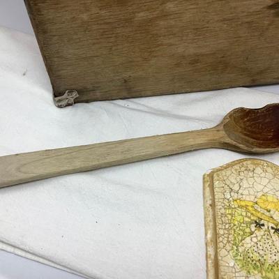 Sale Photo Thumbnail #210: You get A large wood box with latch, wood spoon, two wood plaques, and set of four wood presents. Not in the primary picture is a cloth clothes pin holder full of wood clothes pins. See individual pictures.