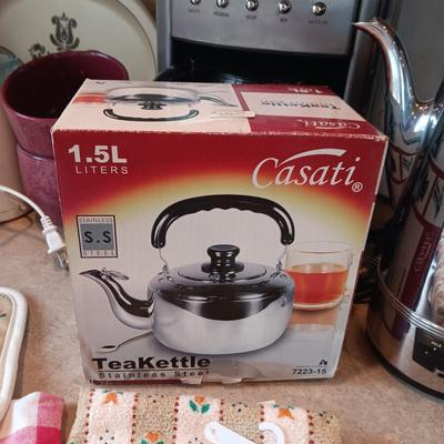 COFFEE PERCOLATOR TEA KETTLE KITCHEN TOWEL AND OVEN MITT PLUS MORE