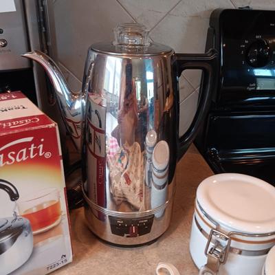 COFFEE PERCOLATOR TEA KETTLE KITCHEN TOWEL AND OVEN MITT PLUS MORE