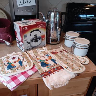 COFFEE PERCOLATOR TEA KETTLE KITCHEN TOWEL AND OVEN MITT PLUS MORE