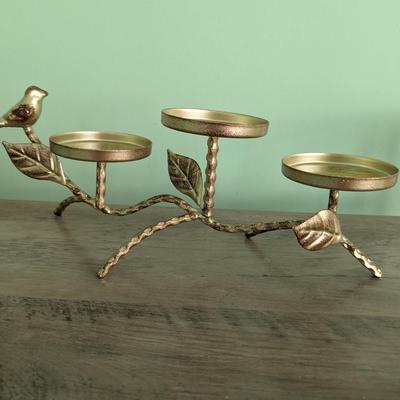 Gold & Antique Bronze Finish Metal Twig Leaf & Bird 3 Pillar Candelabra (FR)