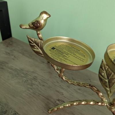 Gold & Antique Bronze Finish Metal Twig Leaf & Bird 3 Pillar Candelabra (FR)