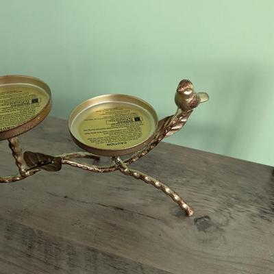 Gold & Antique Bronze Finish Metal Twig Leaf & Bird 3 Pillar Candelabra (FR)