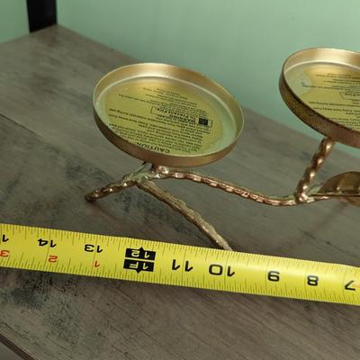 Gold & Antique Bronze Finish Metal Twig Leaf & Bird 3 Pillar Candelabra (FR)