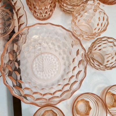 Lot of Vintage Depression era Pink Glassware Pitcher Glasses Bowls Plates