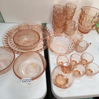 Lot of Vintage Depression era Pink Glassware Pitcher Glasses Bowls Plates