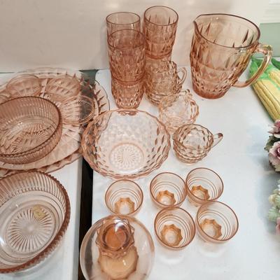 Lot of Vintage Depression era Pink Glassware Pitcher Glasses Bowls Plates