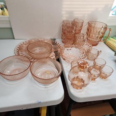 Lot of Vintage Depression era Pink Glassware Pitcher Glasses Bowls Plates