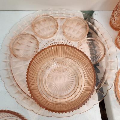Lot of Vintage Depression era Pink Glassware Pitcher Glasses Bowls Plates