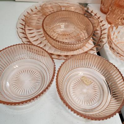 Lot of Vintage Depression era Pink Glassware Pitcher Glasses Bowls Plates