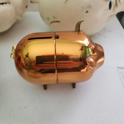 Lot of Vintage Piggy Banks Corky Pig 1957 , Ellgreave England, Glass , Copper, Ceramic