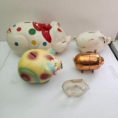 Lot of Vintage Piggy Banks Corky Pig 1957 , Ellgreave England, Glass , Copper, Ceramic