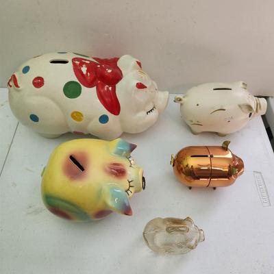 Lot of Vintage Piggy Banks Corky Pig 1957 , Ellgreave England, Glass , Copper, Ceramic