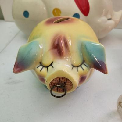 Lot of Vintage Piggy Banks Corky Pig 1957 , Ellgreave England, Glass , Copper, Ceramic