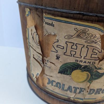 Sale Photo Thumbnail #134: Vintage 14" Wood Paper Advertisement Bucket OX Heart Chocolate Drops