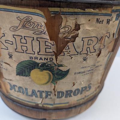 Sale Photo Thumbnail #133: Vintage 14" Wood Paper Advertisement Bucket OX Heart Chocolate Drops