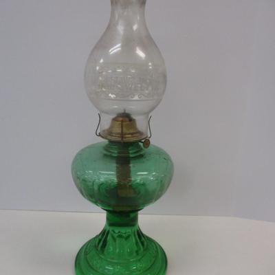 Sale Photo Thumbnail #148: Home Sweet Home Etched Shade Oil Lamp With Green Shade