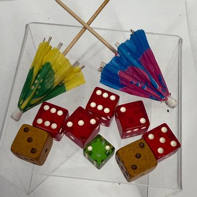 Sale Photo Thumbnail #10: All in good condition. Red & Green ate lucite, I believe. And the other dice are wood.