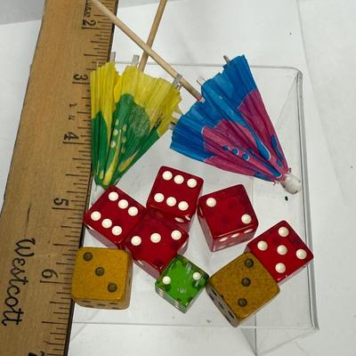 Sale Photo Thumbnail #8: All in good condition. Red & Green ate lucite, I believe. And the other dice are wood.