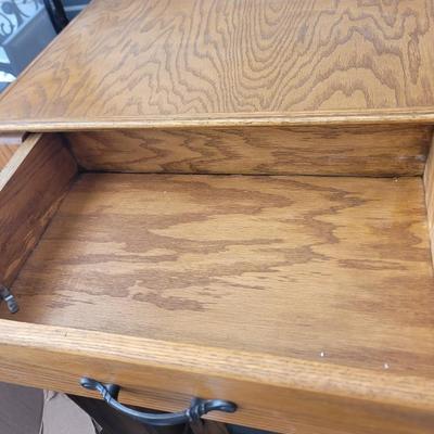 Sale Photo Thumbnail #858: Measures 48" wide, 19" deep and 57" tall. 4 shelves and two drawers, wrapped for storage and only slightly unwrapped for photos, will wrap further for transport. Oak
Doors are 21.5" wide and about 47" tall.