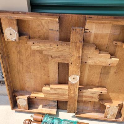 Sale Photo Thumbnail #885: Measures 50" long amd 42" wide  without leaves, each of the two leaves are 8" wide, table is aboit 30" tall when assembled, will be wrapped for buyers transport, it's heavy and solid oak