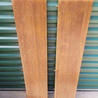 Sale Photo Thumbnail #883: Measures 50" long amd 42" wide  without leaves, each of the two leaves are 8" wide, table is aboit 30" tall when assembled, will be wrapped for buyers transport, it's heavy and solid oak