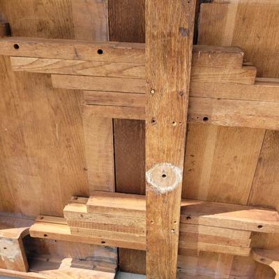 Sale Photo Thumbnail #879: Measures 50" long amd 42" wide  without leaves, each of the two leaves are 8" wide, table is aboit 30" tall when assembled, will be wrapped for buyers transport, it's heavy and solid oak