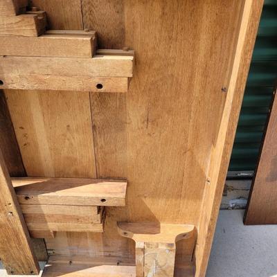 Sale Photo Thumbnail #880: Measures 50" long amd 42" wide  without leaves, each of the two leaves are 8" wide, table is aboit 30" tall when assembled, will be wrapped for buyers transport, it's heavy and solid oak