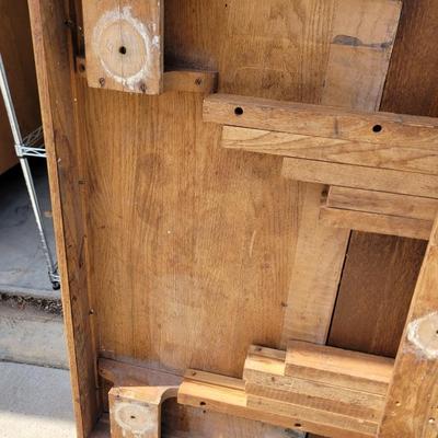 Sale Photo Thumbnail #878: Measures 50" long amd 42" wide  without leaves, each of the two leaves are 8" wide, table is aboit 30" tall when assembled, will be wrapped for buyers transport, it's heavy and solid oak