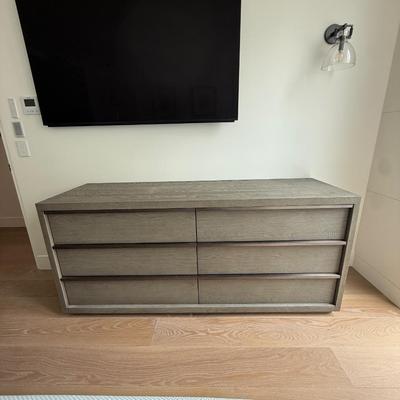 Sale Photo Thumbnail #35: The Restoration Hardware dresser from the Bezier Collection is a contemporary piece designed for the bedroom. It features a high gloss gray oak finish and is constructed from oak, offering a sleek and modern look. The dresser measures 6 feet in length, 22