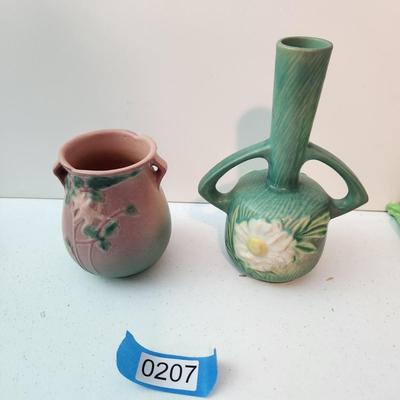 2 Vintage Roseville Pottery Two Handed Vase 173-7 Peony 7" & Columbine Cabinet Vase 12-4"
