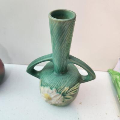 2 Vintage Roseville Pottery Two Handed Vase 173-7 Peony 7" & Columbine Cabinet Vase 12-4"