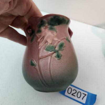 2 Vintage Roseville Pottery Two Handed Vase 173-7 Peony 7" & Columbine Cabinet Vase 12-4"