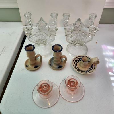 Lot of 9 Candle Holders , Jamestown Pottery, Pink Glass, Milk Glass, 2 Sets of Clear Glass Double Candle holders, Etched Glass