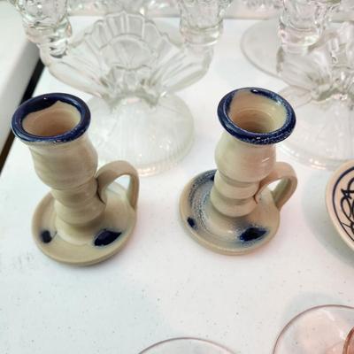 Lot of 9 Candle Holders , Jamestown Pottery, Pink Glass, Milk Glass, 2 Sets of Clear Glass Double Candle holders, Etched Glass