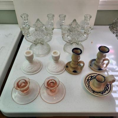 Lot of 9 Candle Holders , Jamestown Pottery, Pink Glass, Milk Glass, 2 Sets of Clear Glass Double Candle holders, Etched Glass