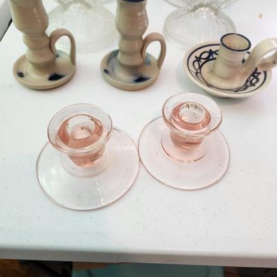 Lot of 9 Candle Holders , Jamestown Pottery, Pink Glass, Milk Glass, 2 Sets of Clear Glass Double Candle holders, Etched Glass