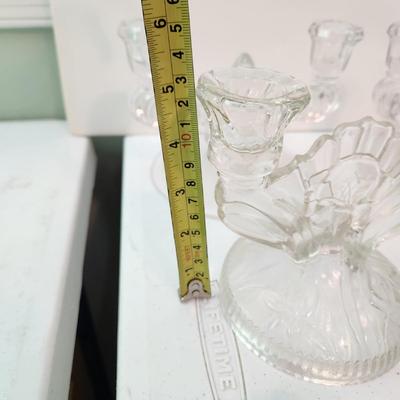 Lot of 9 Candle Holders , Jamestown Pottery, Pink Glass, Milk Glass, 2 Sets of Clear Glass Double Candle holders, Etched Glass