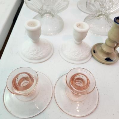 Lot of 9 Candle Holders , Jamestown Pottery, Pink Glass, Milk Glass, 2 Sets of Clear Glass Double Candle holders, Etched Glass