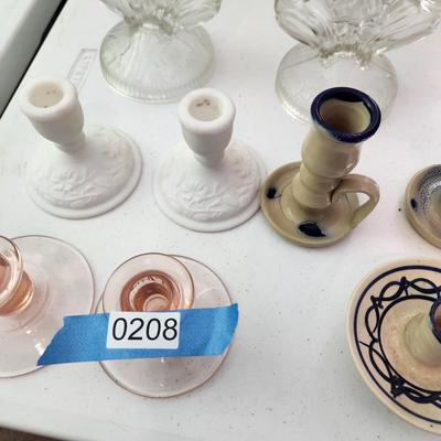 Lot of 9 Candle Holders , Jamestown Pottery, Pink Glass, Milk Glass, 2 Sets of Clear Glass Double Candle holders, Etched Glass