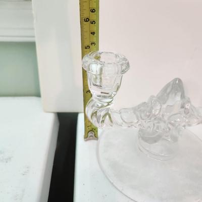 Lot of 9 Candle Holders , Jamestown Pottery, Pink Glass, Milk Glass, 2 Sets of Clear Glass Double Candle holders, Etched Glass