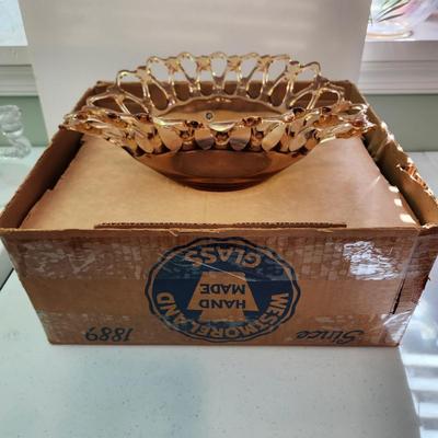 Vintage Hand Made Westmoreland Glass Doric Open lace Amber Centerpiece 12" bowl w Box