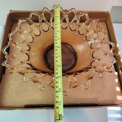 Vintage Hand Made Westmoreland Glass Doric Open lace Amber Centerpiece 12" bowl w Box
