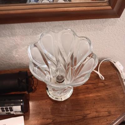 PORTABLE LCD CLOCK RADIO, WOODEN CANDLE HOLDER AND A GLASS TABLE LAMP