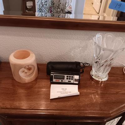 PORTABLE LCD CLOCK RADIO, WOODEN CANDLE HOLDER AND A GLASS TABLE LAMP
